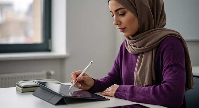 Focused young woman in hijab uses tablet, studying diligently.  Serene atmosphere, academic pursuit.