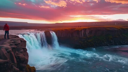 Fototapeta premium Man admires sunset waterfall Iceland