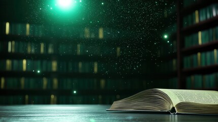 book shelf in a library with a book lying on a table on the right side, Futuristic Ancient Library Holographic Scrolls AI Decoding Lost Civilizations Floating Digital Particles