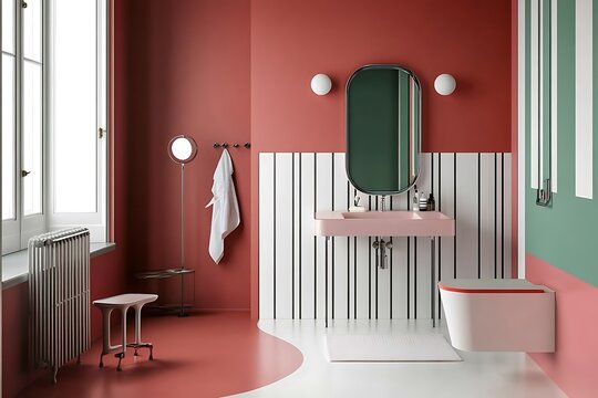 there is a bathroom with a pink and green color scheme