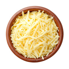 Shredded Mozzarella Cheese in Wooden Bowl Italian Cheddar Pizza Topping and Dairy Food Macro