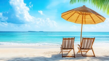 Two chairs are positioned beneath a sun umbrella on a sandy beach, creating a serene and inviting spot for relaxation by the ocean.
