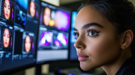 A cybersecurity professional monitoring the flow of electronic data on multiple screens, ensuring data security.