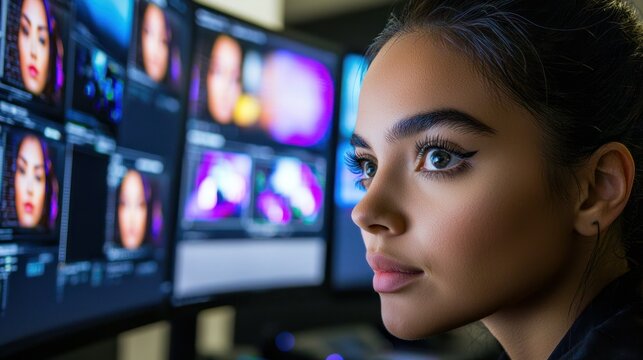 A cybersecurity professional monitoring the flow of electronic data on multiple screens, ensuring data security.