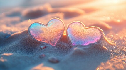 Fototapeta premium Two iridescent glass hearts on a sandy beach at sunset