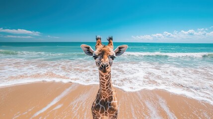 Obraz premium A giraffe stands on the beach, gazing directly at the camera, showcasing a unique blend of wildlife and coastal scenery.