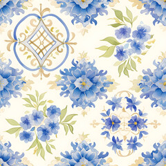 Obraz premium Elegant seamless pattern with watercolor blue flowers and ornamental medallions on white background. Traditional floral wallpaper design for textile and decoration