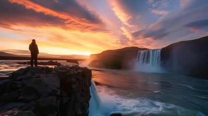 Fototapeta premium Icelandic Waterfall Sunset, Man Contemplating