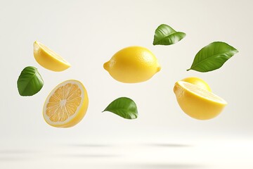 Fresh Lemon Slices and Leaves in Mid-Air