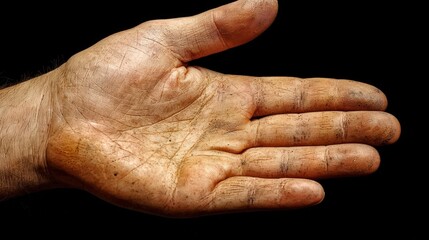 Fototapeta premium Close-Up of a Dirty Hand with Visible Textures and Details on a Black Background