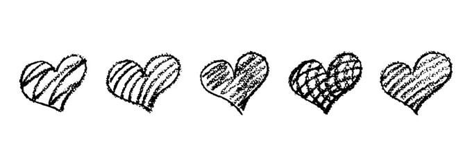Set of black hearts signs drawn by wax pencil. Love symbols in doodle style. Collection of hand drawn kid hearts elements shaded with diagonal lines, checkered pattern. Vector illustration.