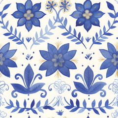 Traditional folk art floral seamless pattern with blue flowers and leaves on white background. Scandinavian or Portuguese azulejo style ornamental design for wallpaper, textile, fabric, print