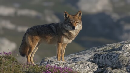 Fototapeta premium A brown and black wolf stands majestically on a rock, showcasing its powerful physique and keen gaze in a natural setting.