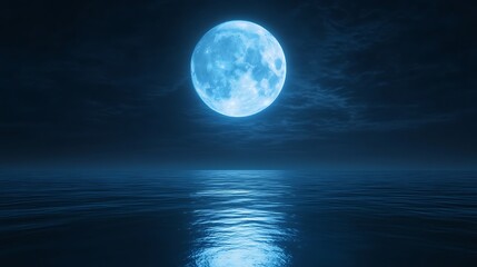 A stunning image of a glowing blue moon over a serene, reflective ocean landscape.