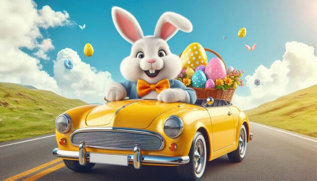 Trendy animated bunny in sunglasses relaxes on a yellow convertible with a basket of vibrant Easter eggs and flowers, set against a sunny landscape with a clear blue sky