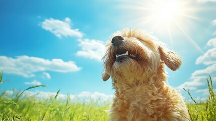 A dog sits calmly in lush green grass, gazing upward with an attentive expression, embodying tranquility and curiosity in a natural setting.