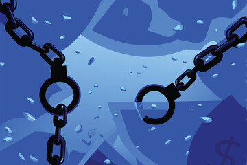 Create an abstract image depicting broken chains and a handcuff, symbolizing freedom and release from constraint.  Focus on texture and contrasting colors.