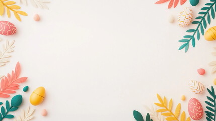 A pastel-themed Easter background featuring colorful decorated eggs arranged in a stylish frame. The soft and elegant design provides a clean copy space, perfect for festive greetings and designs.