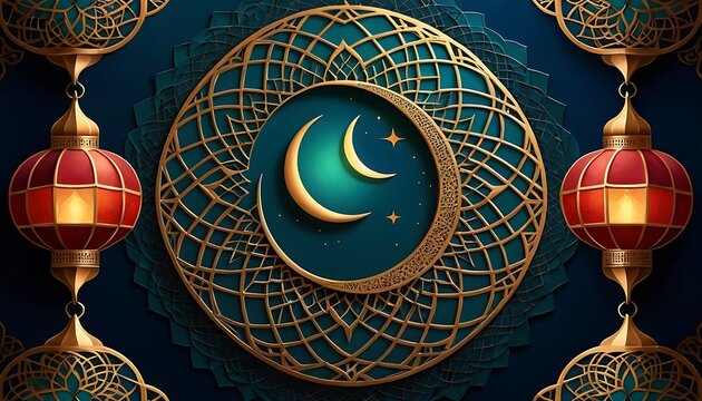 Ramadan Kareem Crescent Moon and Lanterns with Islamic Golden Pattern