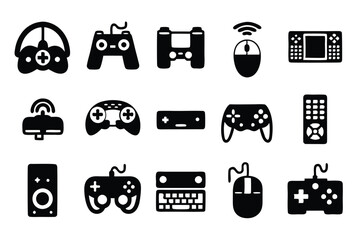 Create 15 high-quality vector icons depicting modern gaming technology;  include controllers, headsets, VR goggles, consoles, and other relevant devices.