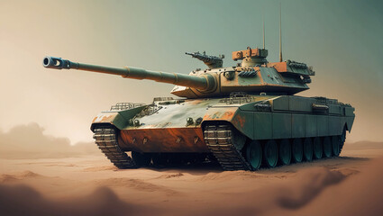 Realistic Modern Battle Tank Illustration – Low-Angle View Showcasing Powerful Cannon & Armor in Subtle Earthy Tones