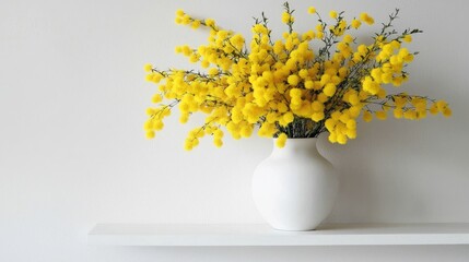 A beautiful arrangement of mimosa flowers in a lovely white vase.