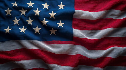 Obraz premium An artistic illustration of the American flag with a wavy, flowing design, symbolizing patriotism, strength, and unity. The rich red, white, and blue colors enhance depth, contrast, and elegance.