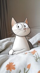 there is a cat that is sitting on a bed with a blanket