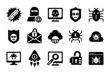 Create 15 edgy, vector icons depicting common cyber threats and hacking activities.  Design should be sharp and modern.