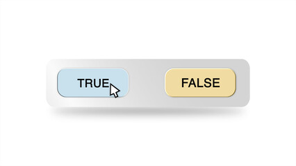 A digital cursor hovers over a "True" or "False" button on a white background, representing a choice between accuracy and falsity