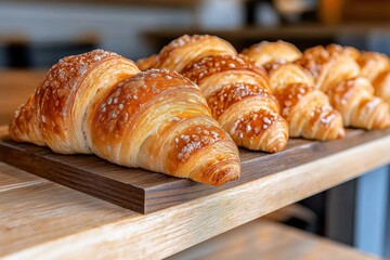Delightful rustic bakery showcasing golden croissants and fresh pastries on wooden shelves in a charming setting