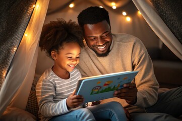 Father and daughter enjoying a digital storybook under cozy lights, bonding and smiling together.