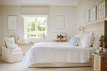 Fototapeta premium there is a bed with white sheets and pillows in a bedroom