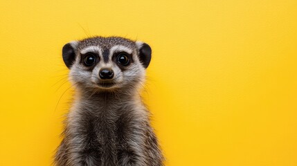 Obraz premium A small meerkat stands upright, curiously observing its surroundings against a vibrant yellow wall, showcasing its playful nature and alertness.