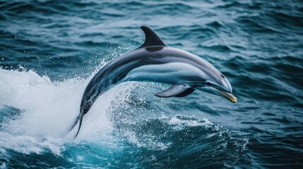 Fototapeta premium A dolphin leaps gracefully from the water, its mouth wide open, showcasing its playful nature and agility in a vibrant aquatic environment.