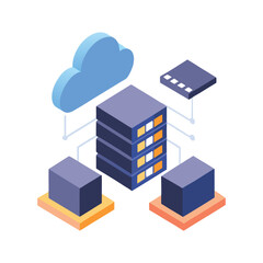 An isometric vector illustration of a well-organized server room on  white background