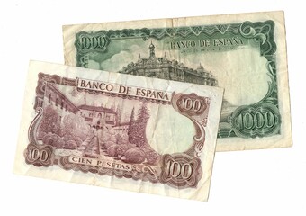 The reverse of vintage banknotes from Spain.