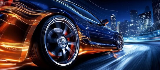 Sport car performs thrilling wheel drift under city lights at night.