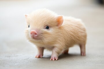A small pig stands on the ground, showcasing its adorable features and playful demeanor in a natural setting.