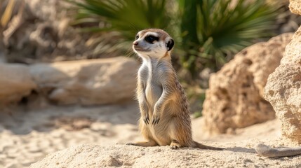 A small meerkat stands alert on a rock amidst the sandy terrain, showcasing its curious nature and surroundings in a desert habitat.