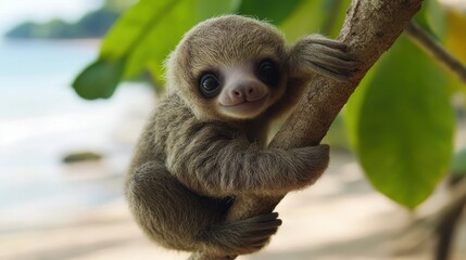 Obraz premium A small sloth clings to a branch, showcasing its unique ability to hang effortlessly from a tree in its natural habitat.