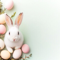 White bunny with Easter eggs on pastel background  
