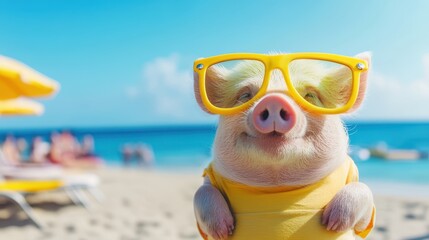 Obraz premium A pig sporting sunglasses relaxes on the beach, surrounded by beachgoers enjoying the sunny day in the background.