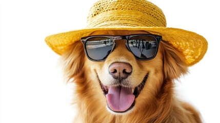 A playful dog sports a straw hat and sunglasses, sticking its tongue out in a cheerful pose, embodying a fun summer vibe.