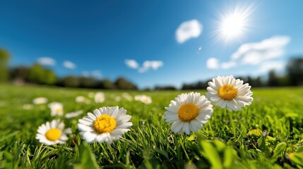 Spring meadow filled with colorful wildflowers swaying gently under a bright blue sky