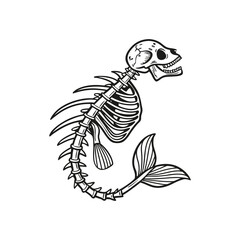 mermaid skeleton sketch engraving  Scratch board imitation. Black and white hand drawn image. vector art 