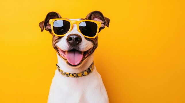 A playful giraffe dog sporting trendy sunglasses against a vibrant yellow background, exuding charm and whimsy in a fun, colorful setting.