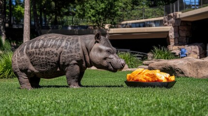 Fototapeta premium A solitary rhino grazes in lush grass beside a colorful bowl filled with ripe oranges, showcasing a unique blend of wildlife and vibrant fruit.