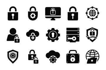Design 15 sleek, minimalist icons representing privacy and anonymity for a digital product.  Include symbols like masks, shields, and encrypted data.