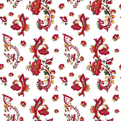 Obraz premium Seamless vector pattern with norwegian folk ornament. Rosemaling style. Hand drawn illustration. Background for greeting card, website, printing on fabric, gift wrap, postcard and wallpapers. 